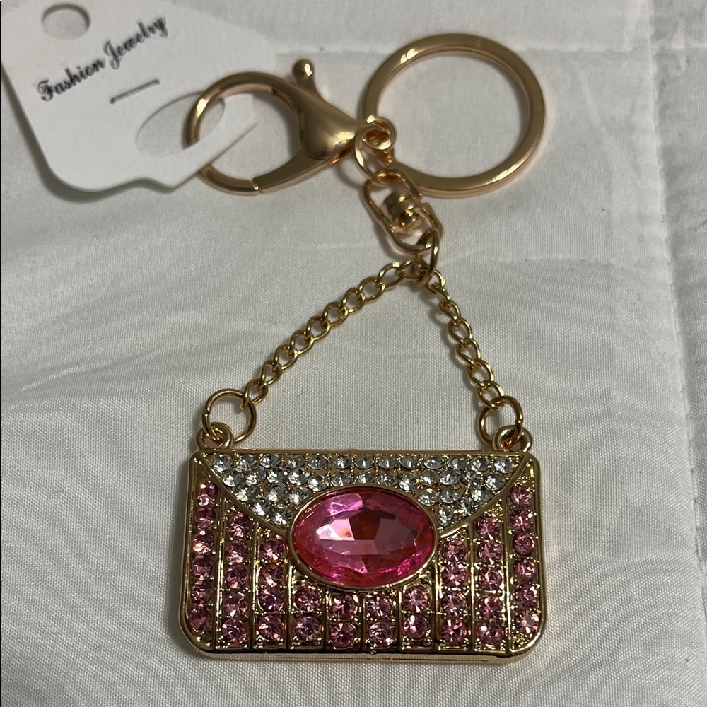 Elegant Gold Pink Key ring Holder purse shinny rhinestones crystals NWT